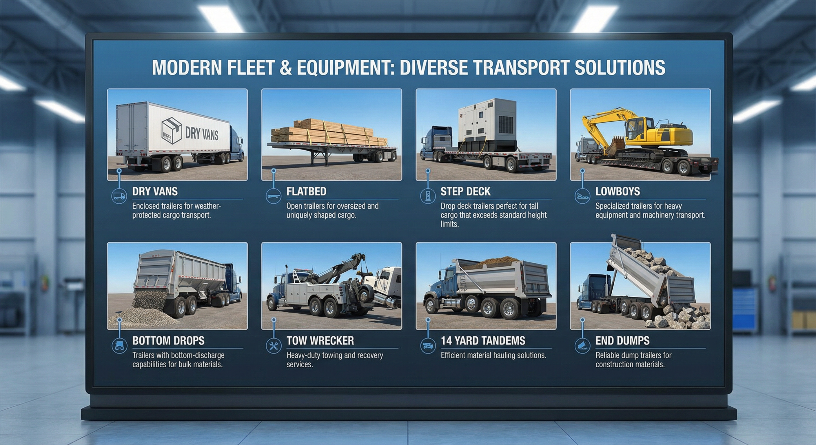 CR Transport modern fleet - Professional heavy-duty trucks including dry vans, flatbeds, step decks, lowboys, and specialized cargo transport vehicles